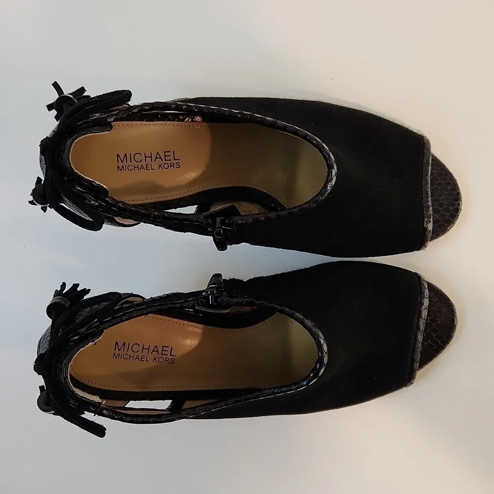 Michael Kors Open Toe Leather & Suede Boot Heels Shoes SZ 8M EU 38.5M EUC NICE!